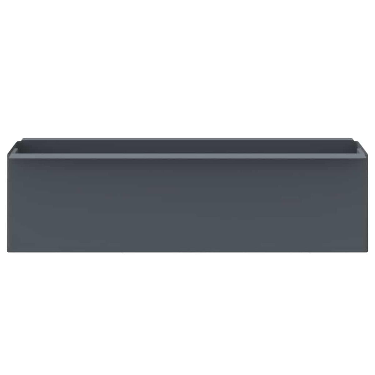 Eine rechteckige, dunkelgraue Pflanzkasten. Die Box hat ein schlichtes, modernes Design mit einer vertieften Oberkante, vor weißem Hintergrund.