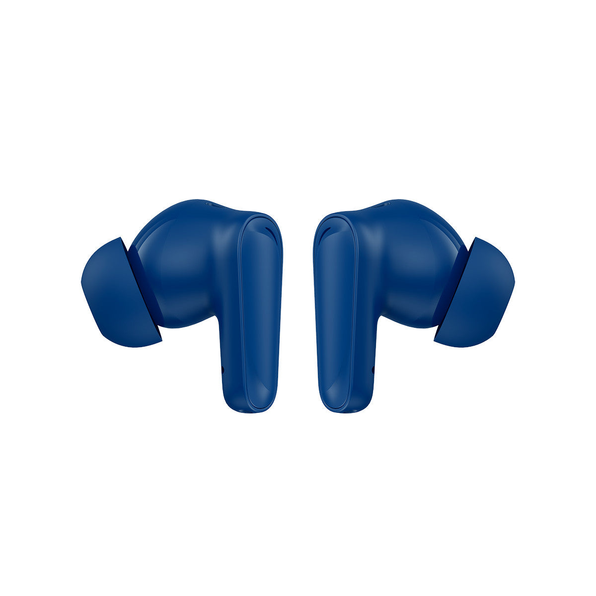 Dwa niebieskie bezprzewodowe słuchawki na białym tle. Ustawione przodem do siebie. Każdy z zaokrągloną końcówką.