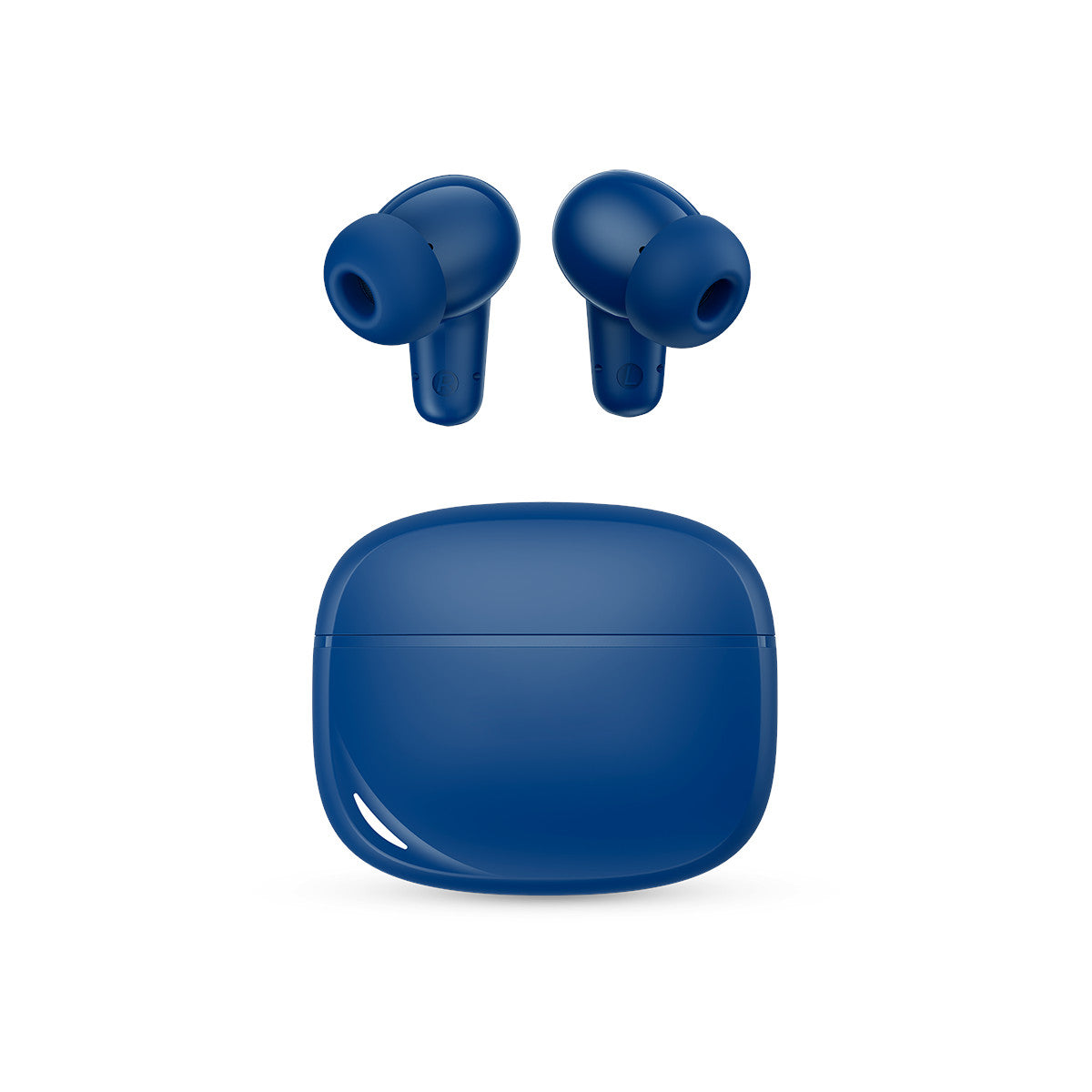Niebieskie bezprzewodowe słuchawki i etui ładujące na białym tle. Słuchawki znajdują się nad etui.