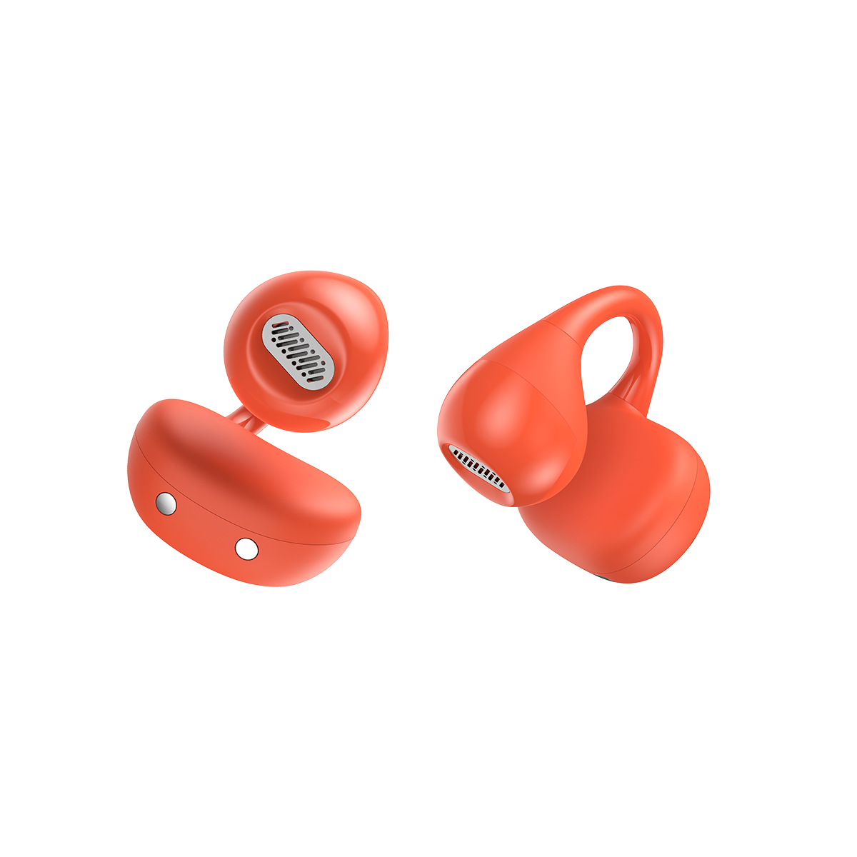 Dwa pomarańczowe bezprzewodowe słuchawki są odizolowane na białym tle. Każdy ma głośnik i przycisk. Jeden ma pętlę.