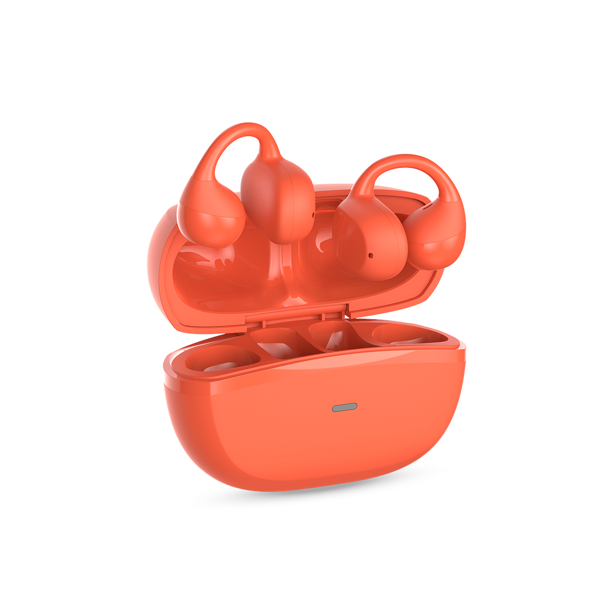 Pomarańczowe bezprzewodowe słuchawki w etui ładującym. Etui jest otwarte, pokazując słuchawki gotowe do użycia. Białe tło.