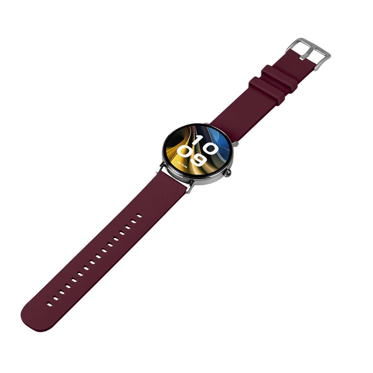 Uno smartwatch bordeaux con quadrante rotondo mostra l'ora. Ha un cinturino bordeaux e una fibbia argentata. Lo sfondo è bianco.