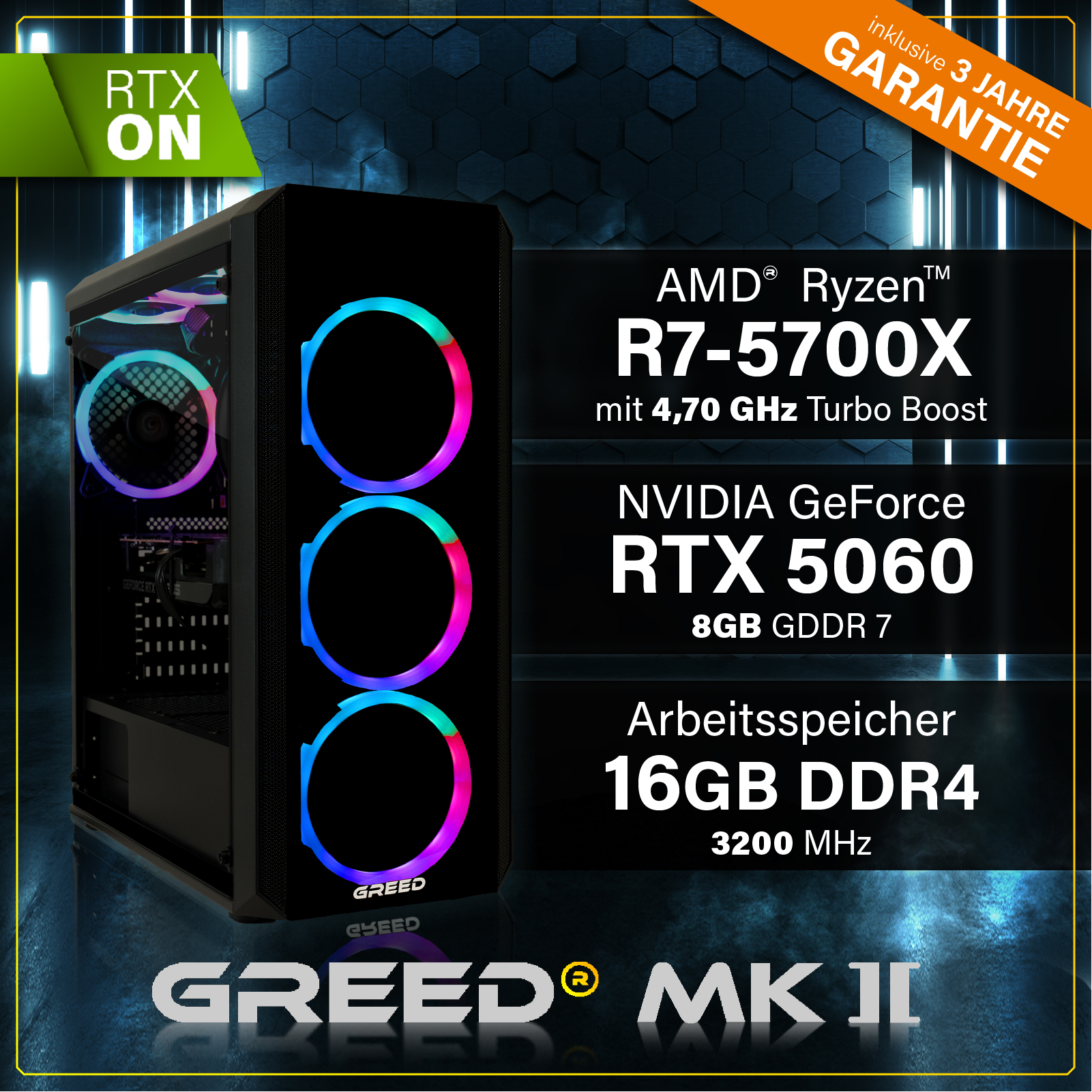 Obudowa komputera do gier z kolorowymi wentylatorami RGB. Tekst zawiera AMD Ryzen, NVIDIA GeForce RTX i specyfikacje.