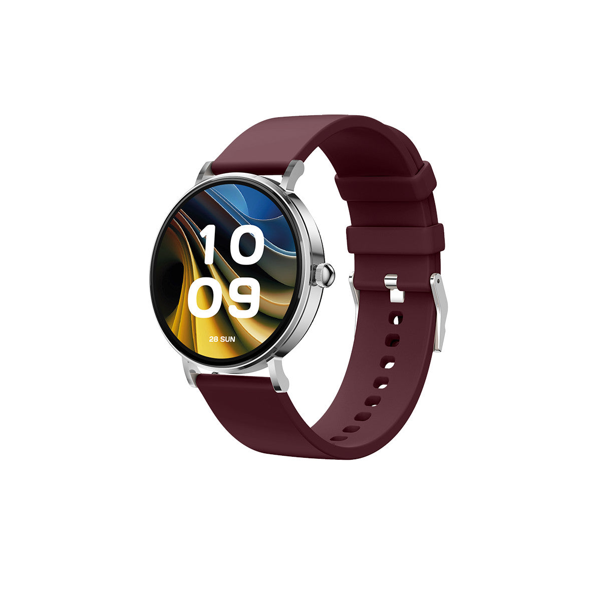 Uno smartwatch bordeaux con cornice argentata. Lo schermo mostra '10:09, 28 SUN'. Il cinturino è bordeaux e ha una fibbia.