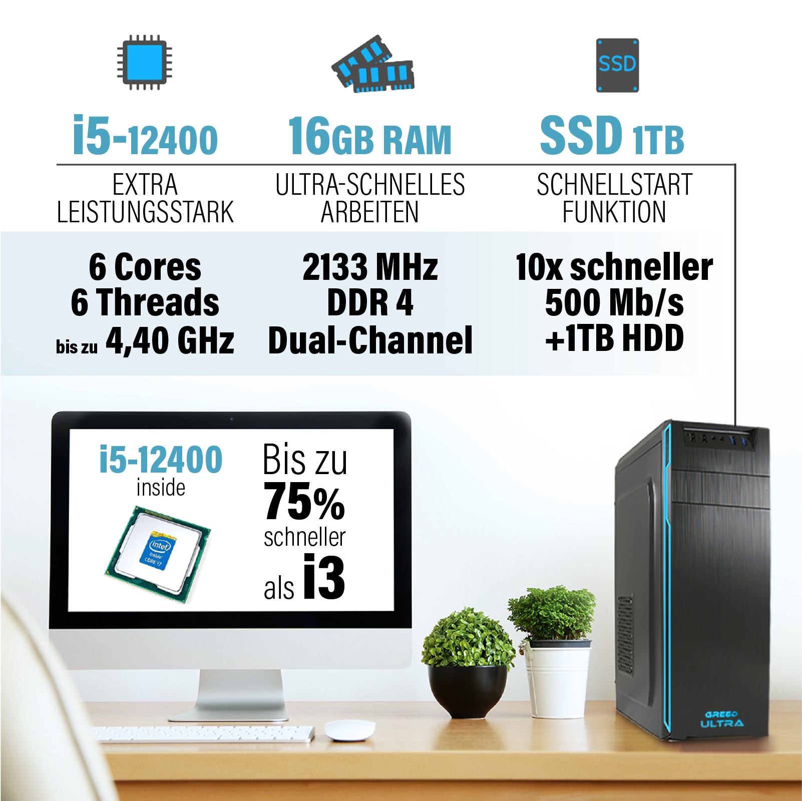Konfiguracja komputera z monitorem pokazującym szczegóły procesora, RAM, SSD i obudową na drewnianym biurku.