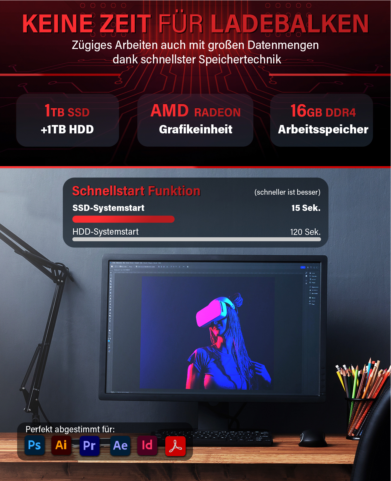 Konfiguracja komputera z monitorem wyświetlającym obraz zestawu VR. Tekst podkreśla SSD, AMD Radeon i 16 GB DDR4. Widoczne ikony oprogramowania graficznego.
