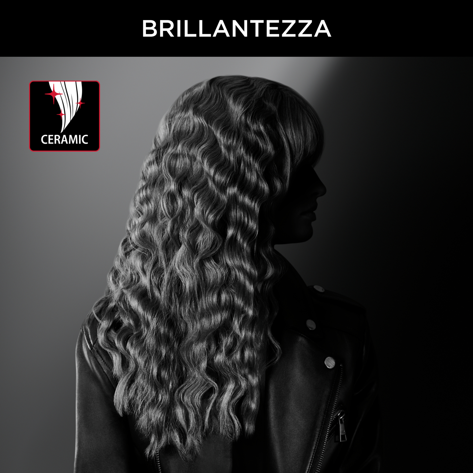 Silhouette einer Frau mit welligem Haar und Lederjacke, mit 'Ceramic'-Logo. Das Wort 'Brillantezza' steht darüber.