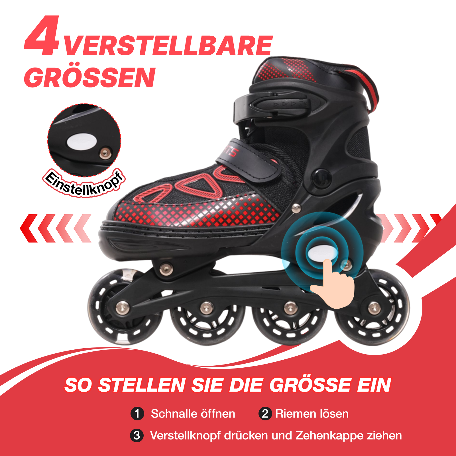 Schwarze und rote Inline-Skates mit Größenanpassungsanweisungen. Eine Hand zeigt auf die Einstelltaste.