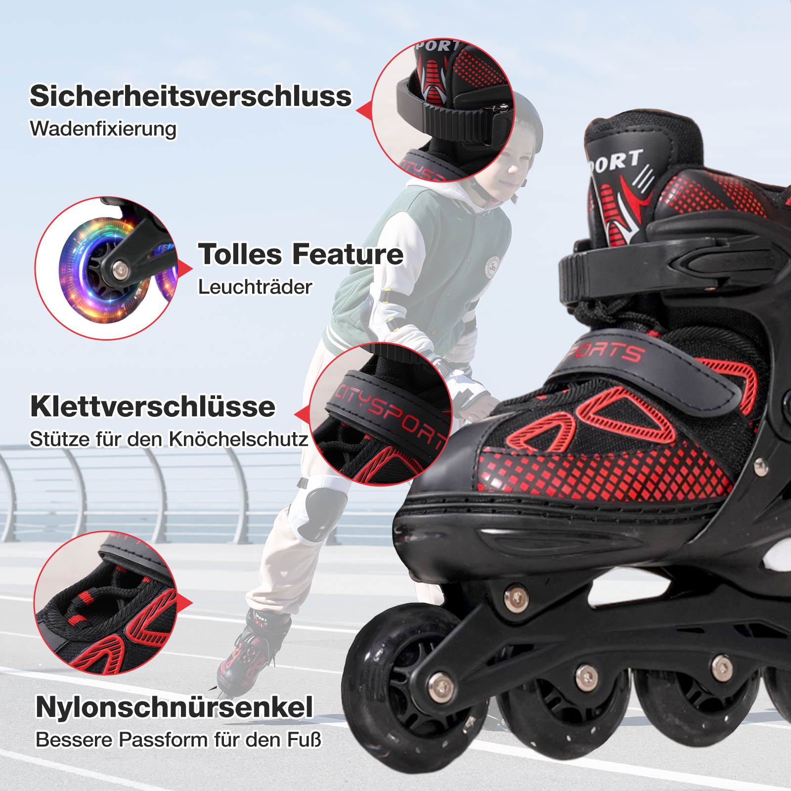 Schwarze und rote Inline-Skates mit beschrifteten Details. Im Hintergrund eine Person mit Jacke beim Skaten.