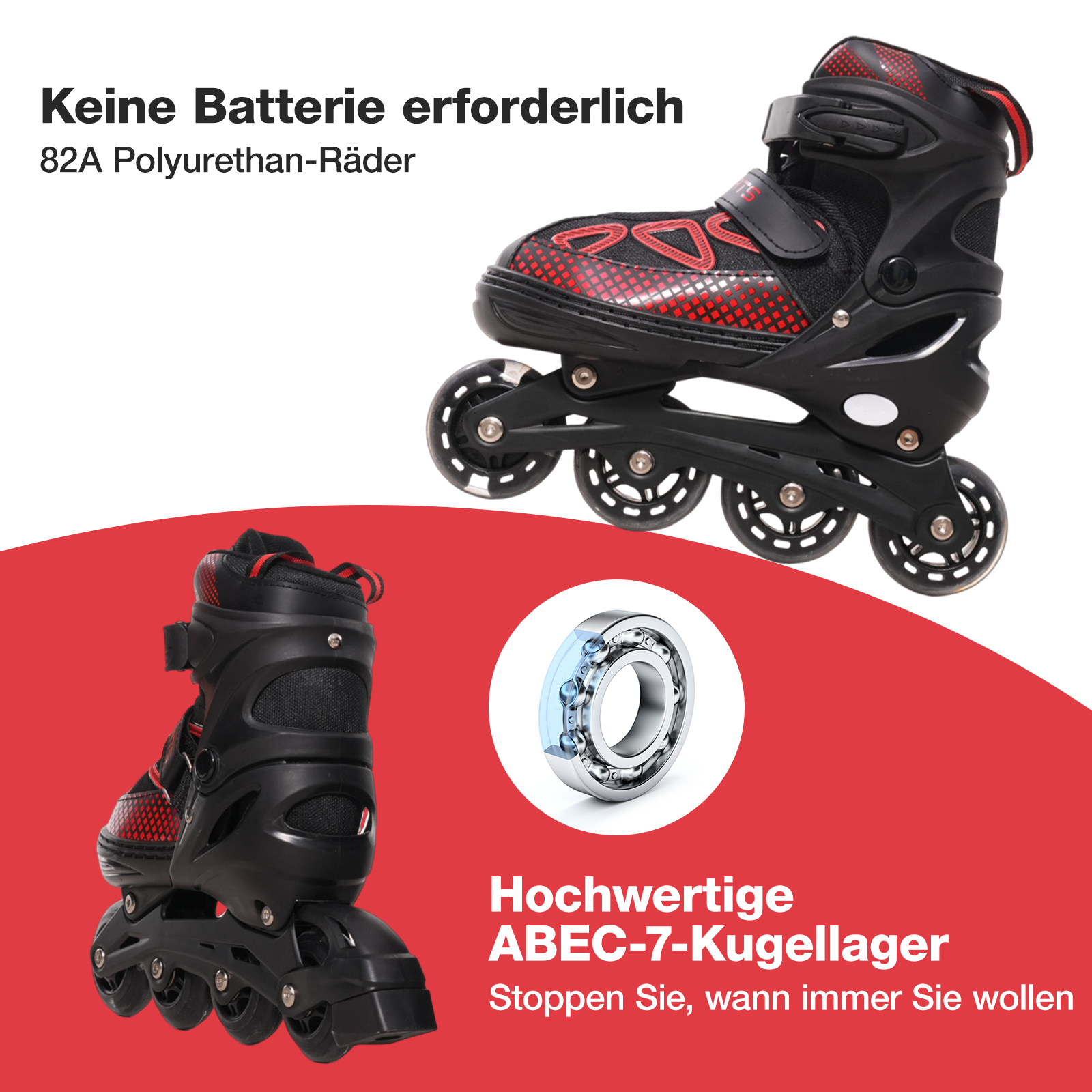 Schwarze und rote Inline-Skates mit Text: Keine Batterie erforderlich, hochwertige ABEC-7-Kugellager.