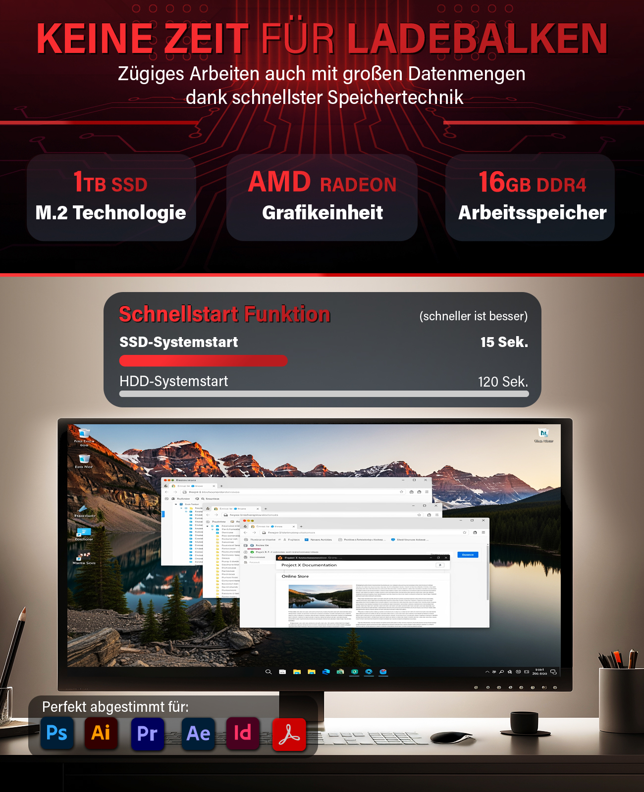 Ekran komputera wyświetla pulpit z otwartymi oknami. Tekst wyróżnia SSD, AMD Radeon i 16 GB DDR4. Ikony oprogramowania Adobe poniżej.