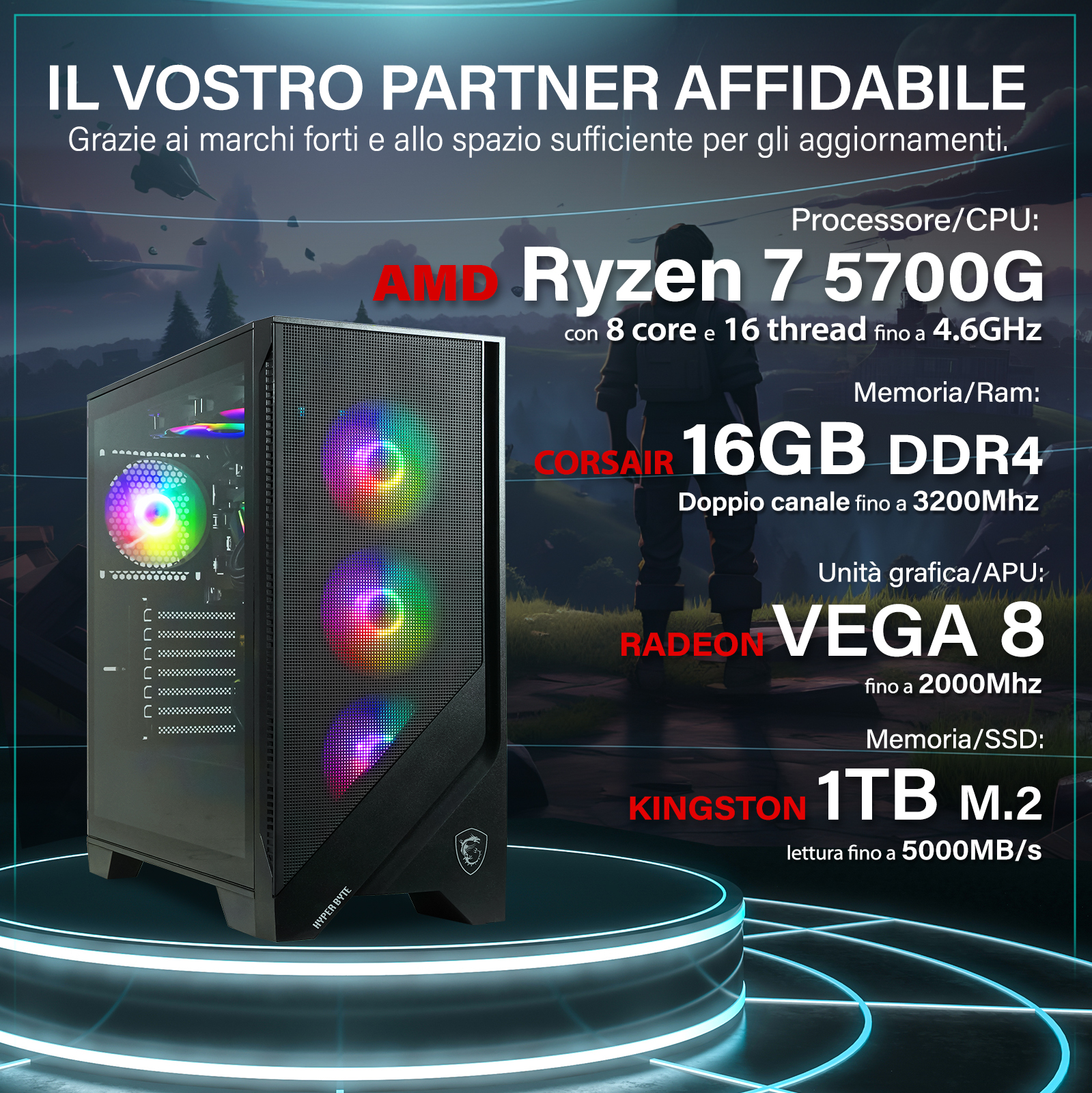 Un case per computer con ventole RGB. Le specifiche includono Ryzen 7, Corsair RAM, Radeon Vega 8 e Kingston SSD.
