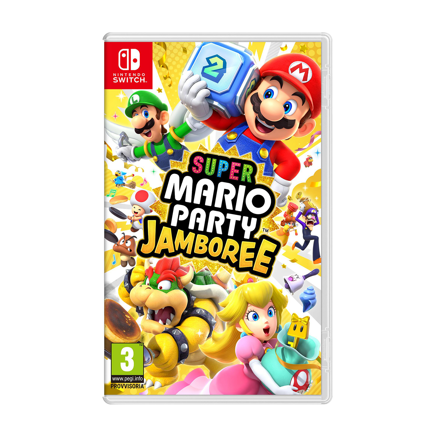 Copertina del gioco Super Mario Party Jamboree. Mario, Luigi, Bowser, Peach e altri personaggi sono raffigurati sulla copertina.