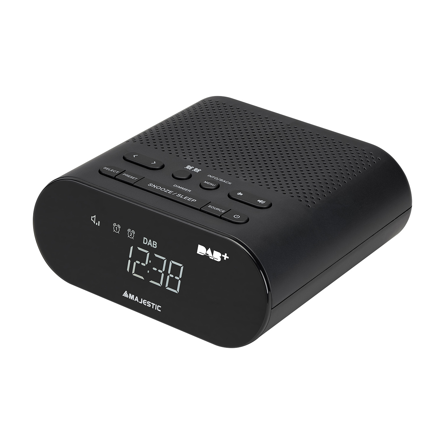 Una sveglia radio DAB+ Majestic nera mostra 12:38. Ha pulsanti per selezionare, preimpostare, snooze, dimmer, menu e sorgente.