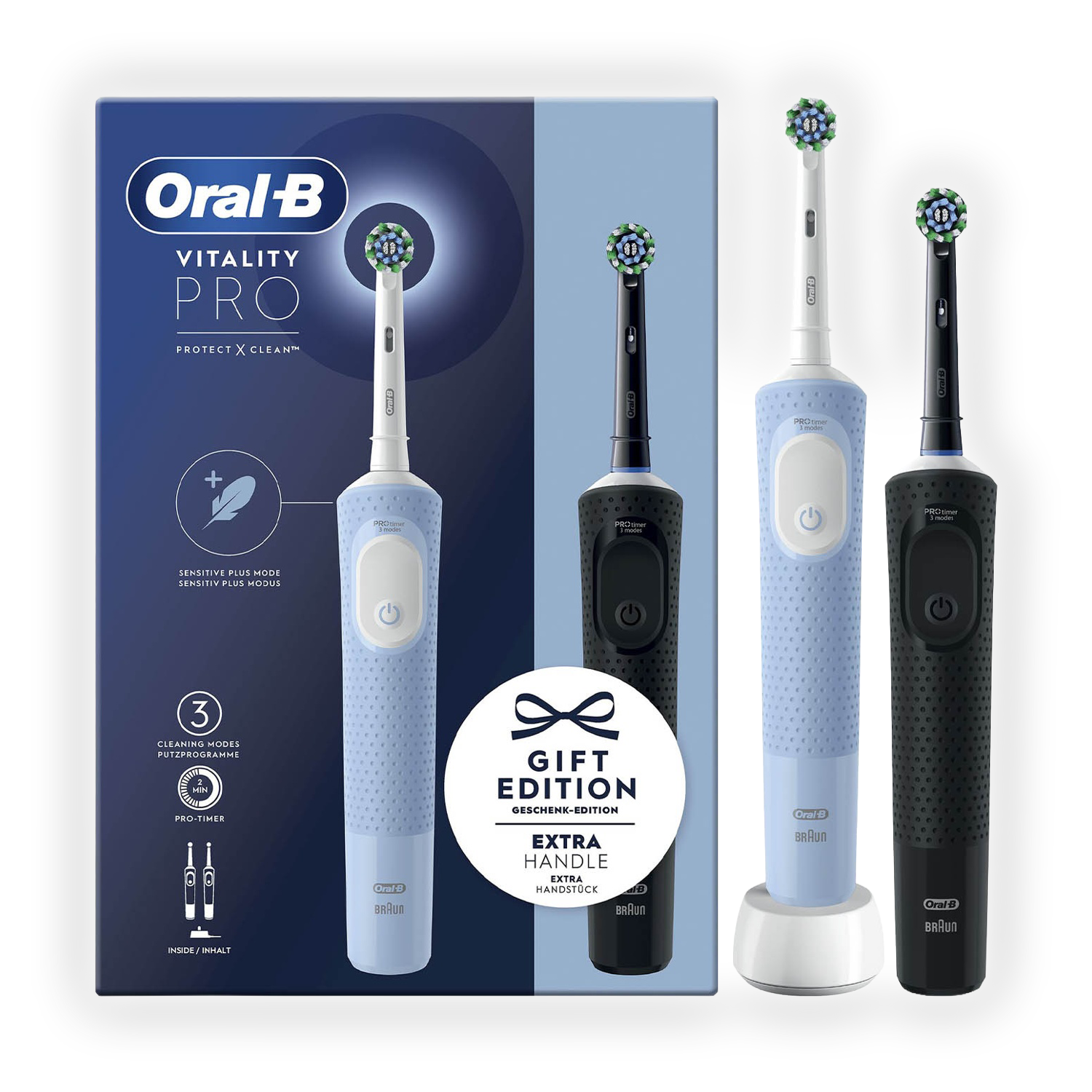 Cepillos de dientes eléctricos Oral-B Vitality Pro. Características incluyen modos de limpieza, Pro-Timer y edición regalo con mango extra.