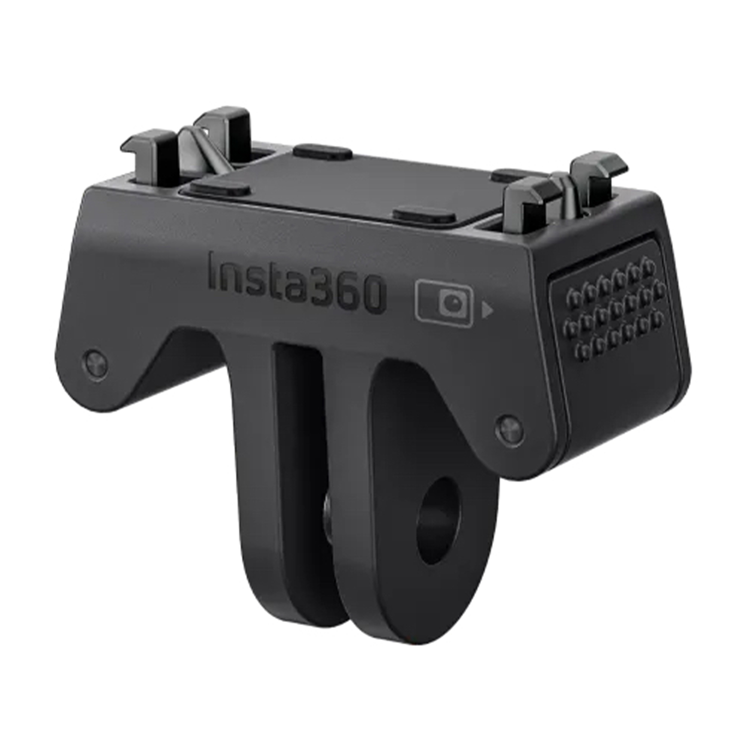 Un soporte negro para cámara Insta360. Tiene forma de T, con una parte superior rectangular y una serie de orificios en el lateral.