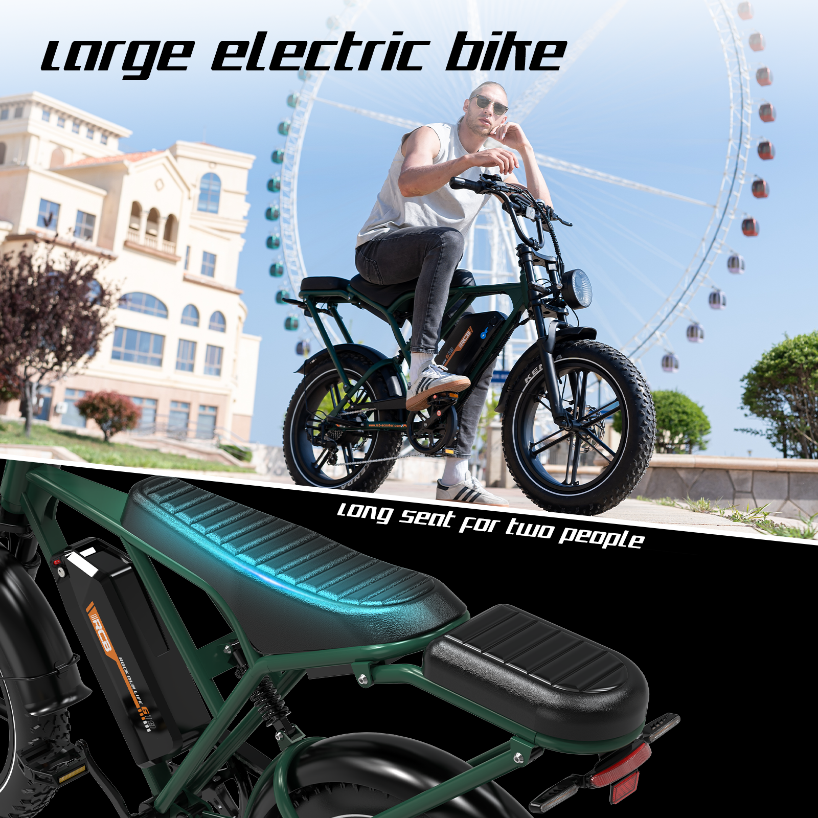 Ein Mann auf einem grünen Elektrofahrrad mit langem Sitz. Im Hintergrund ein Riesenrad und Gebäude.