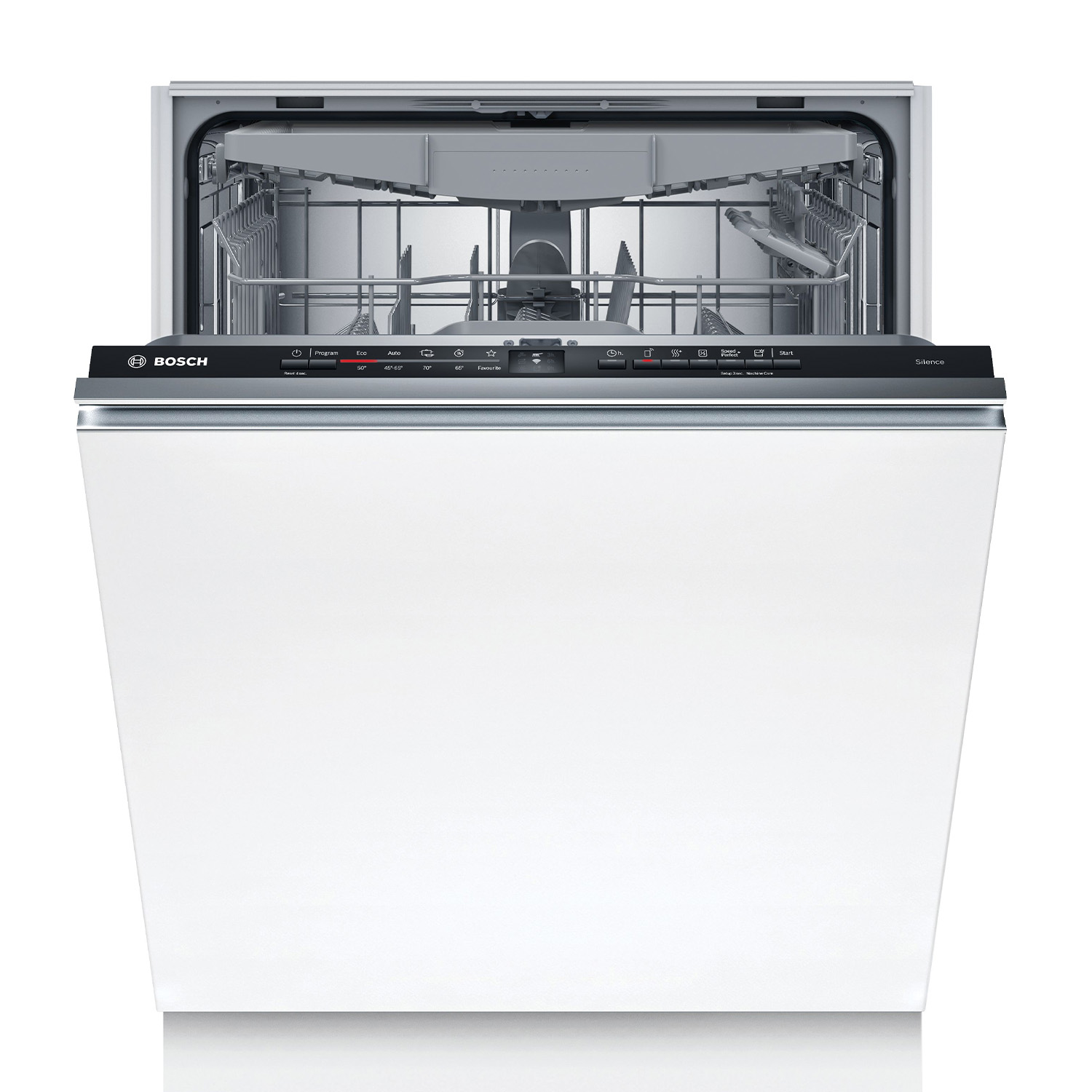 Un lavavajillas Bosch blanco con la puerta abierta, mostrando los estantes interiores y el panel de control con botones.