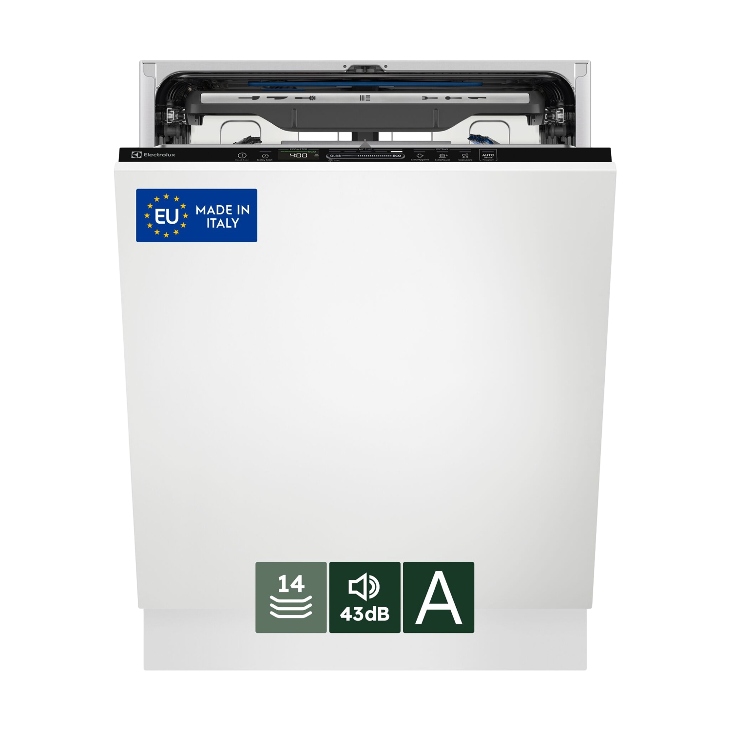 Una lavastoviglie bianca con il marchio Electrolux. Ha un adesivo EU Made in Italy ed etichette per 14 coperti, 43dB e classe energetica A.