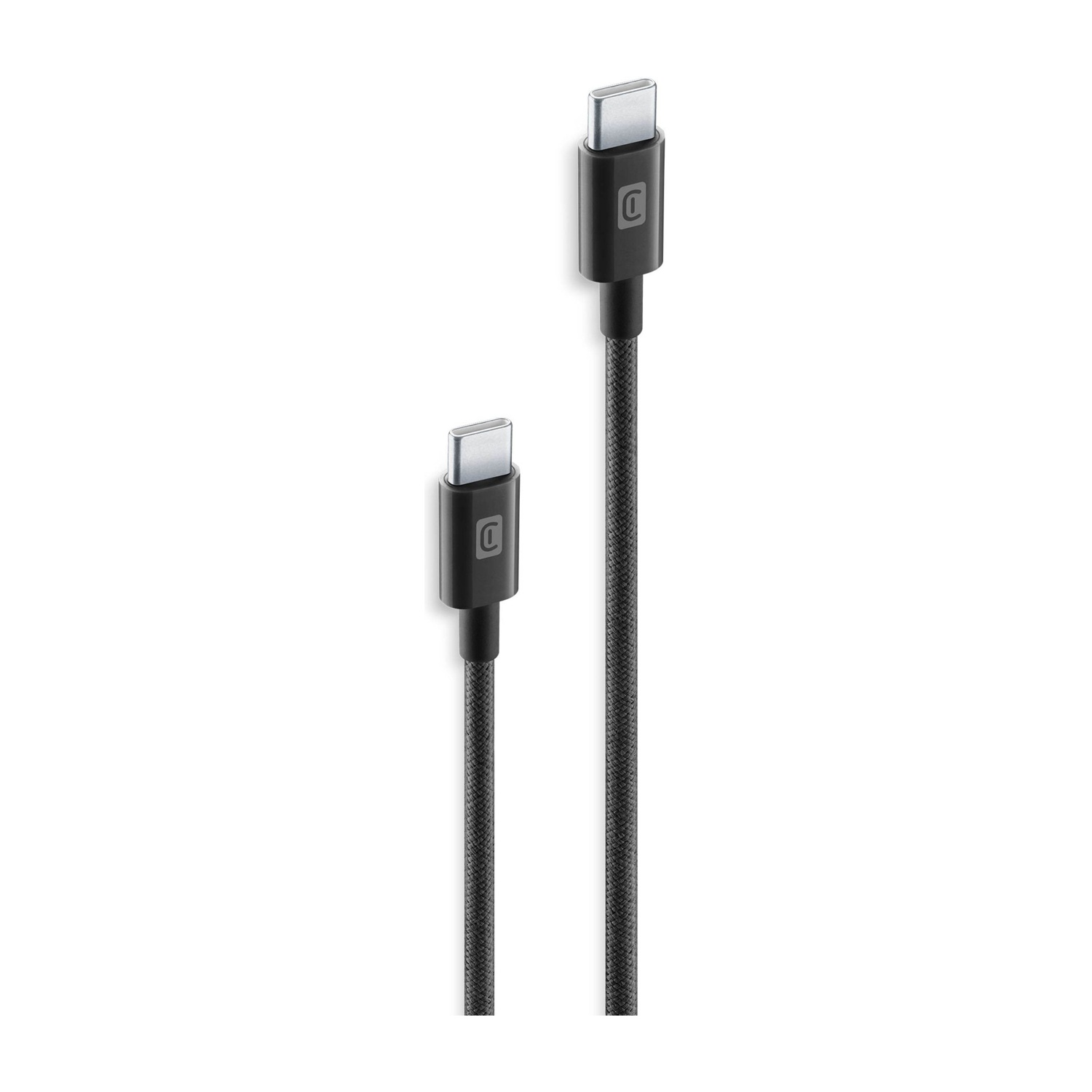 Due cavi USB-C neri su sfondo bianco. I connettori sono argentati, i cavi hanno una trama intrecciata.