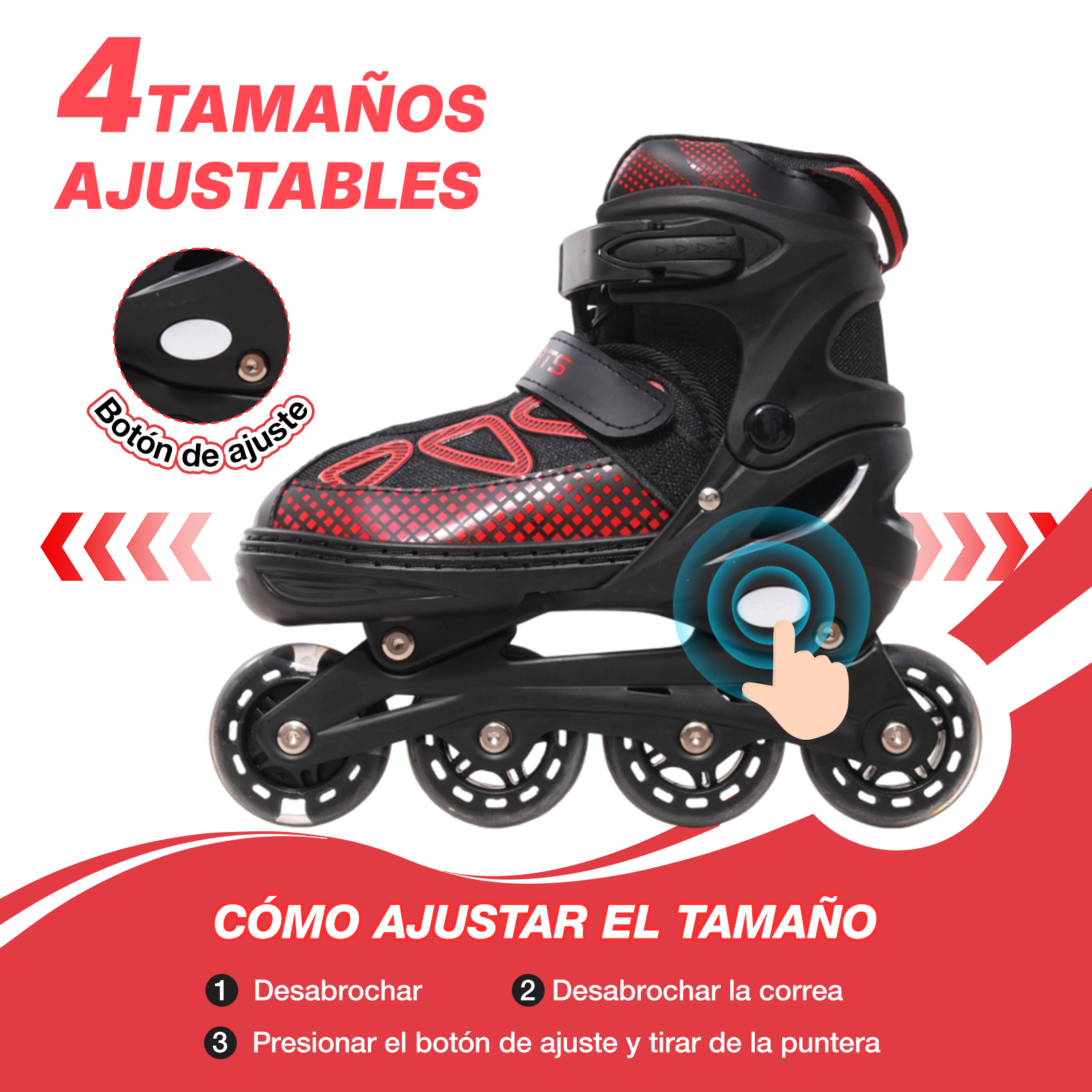 Patín en línea negro y rojo con instrucciones de ajuste de talla. Una mano señala el botón de ajuste.