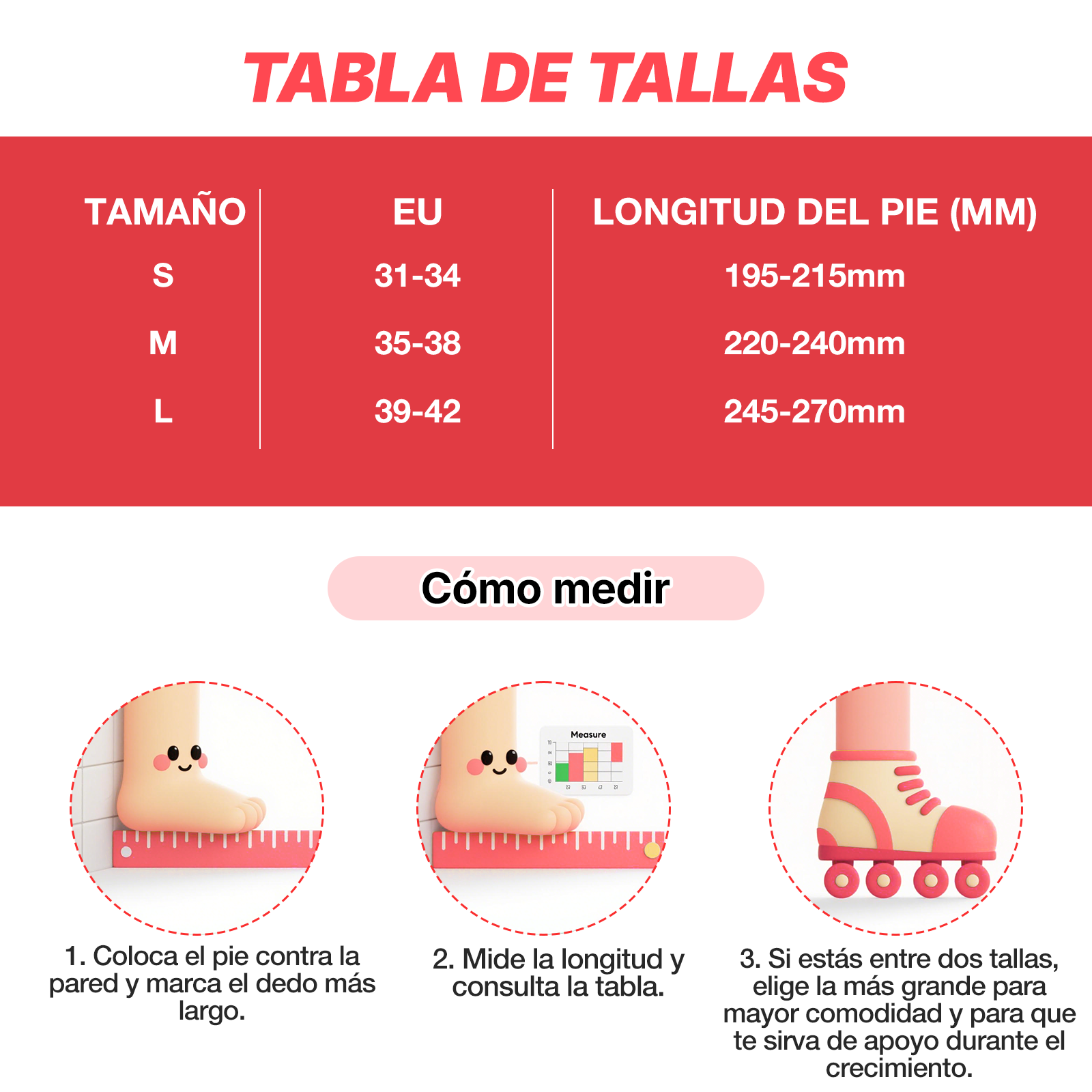 Tabla de tallas de zapatos con tallas, talla UE y longitud del pie en mm. Instrucciones para medir el pie con ilustraciones.