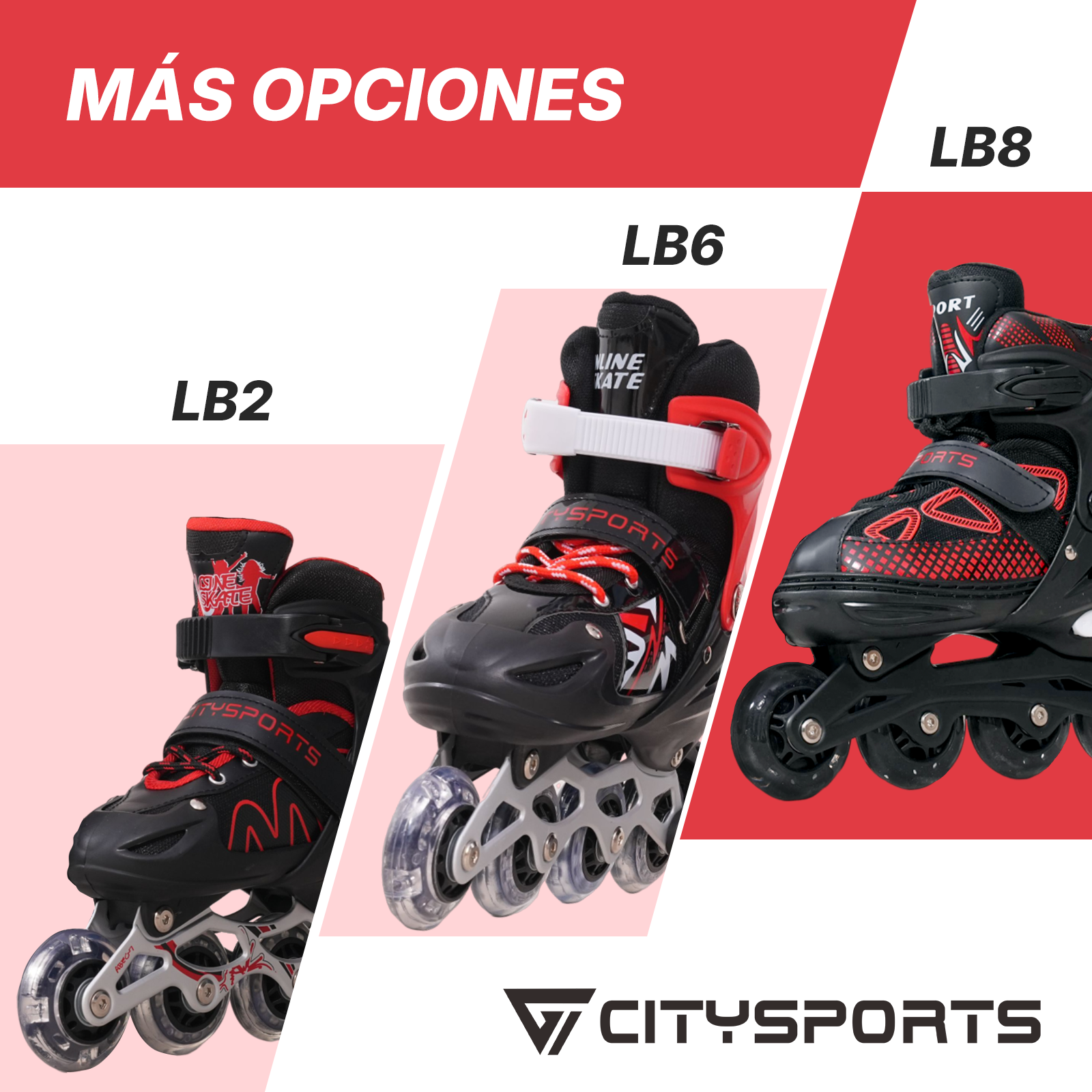 La imagen muestra tres patines en línea: negro y rojo, con la marca 'CITYSPORTS'. El fondo tiene secciones rojas y rosas.