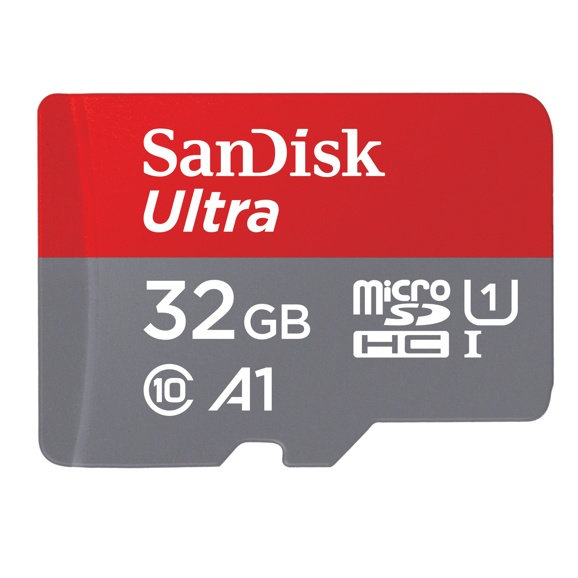 Karta microSD SanDisk Ultra 32GB. Ma czerwoną górę i szare dno. Biały tekst zawiera nazwę marki i pojemność.