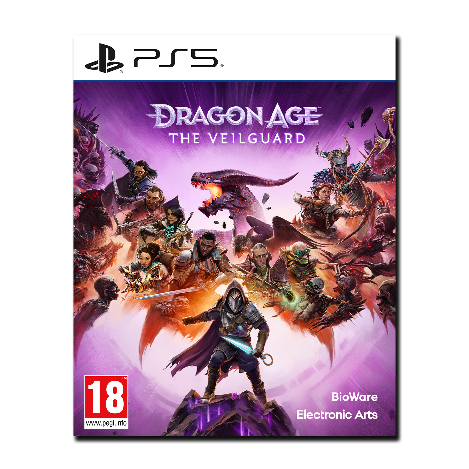 Okładka gry Dragon Age: The Veilguard. Zawiera postacie, smoka i logo PS5. Fioletowe i ciemne tony dominują w grafice.