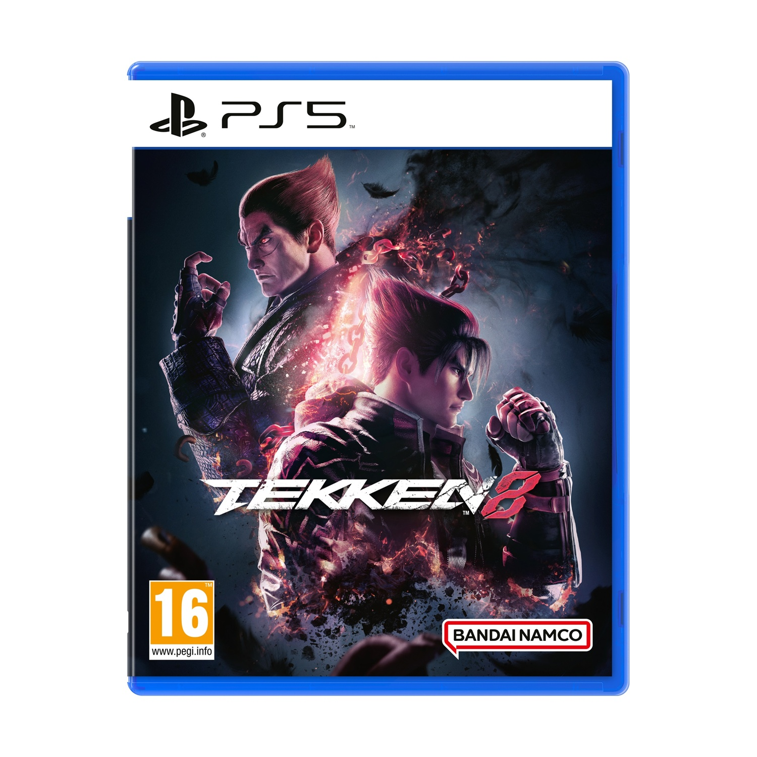 Okładka gry Tekken 8 na PS5. Dwie postacie stoją naprzeciwko siebie. Logo gry znajduje się pod nimi. Ocena 16 znajduje się w rogu.
