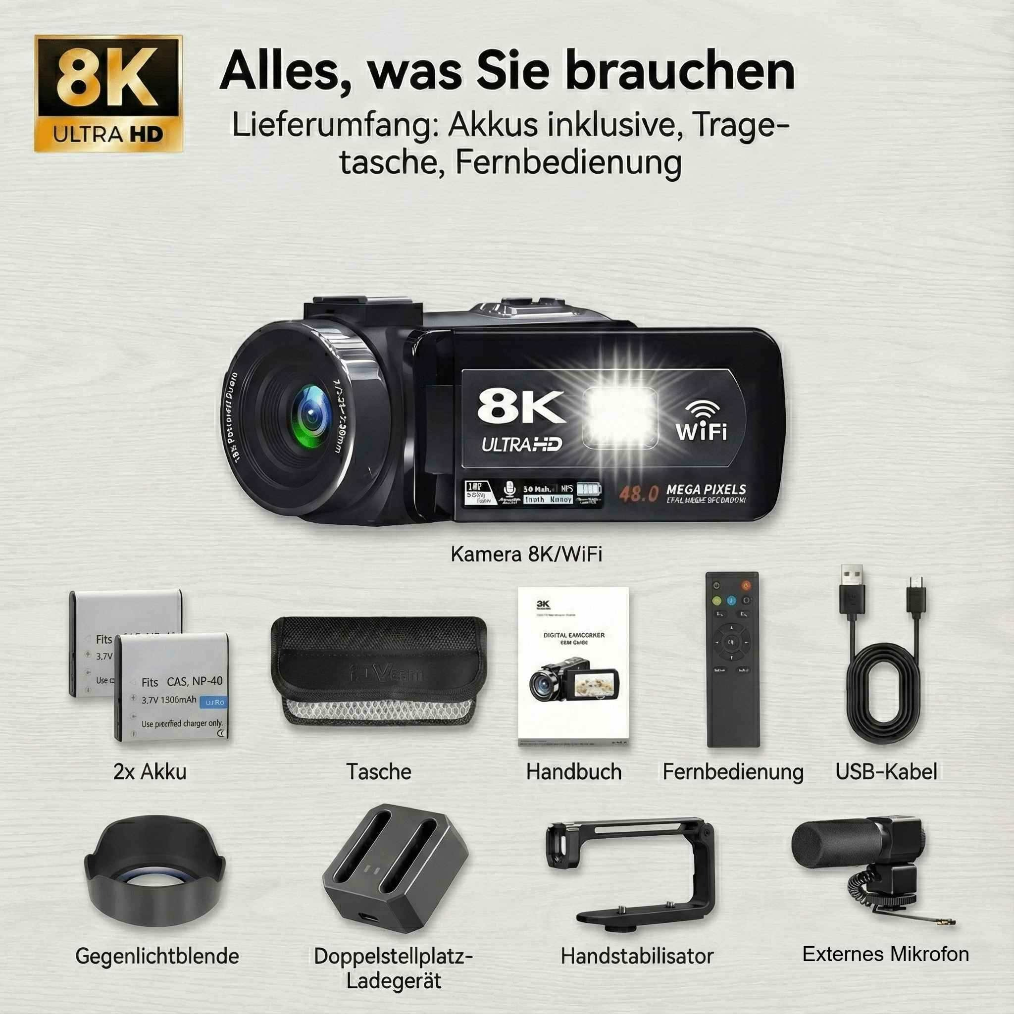 Eine schwarze 8K Ultra HD-Kamera mit Zubehör wie Akkus, Tasche, Fernbedienung, Mikrofon und Stabilisator.