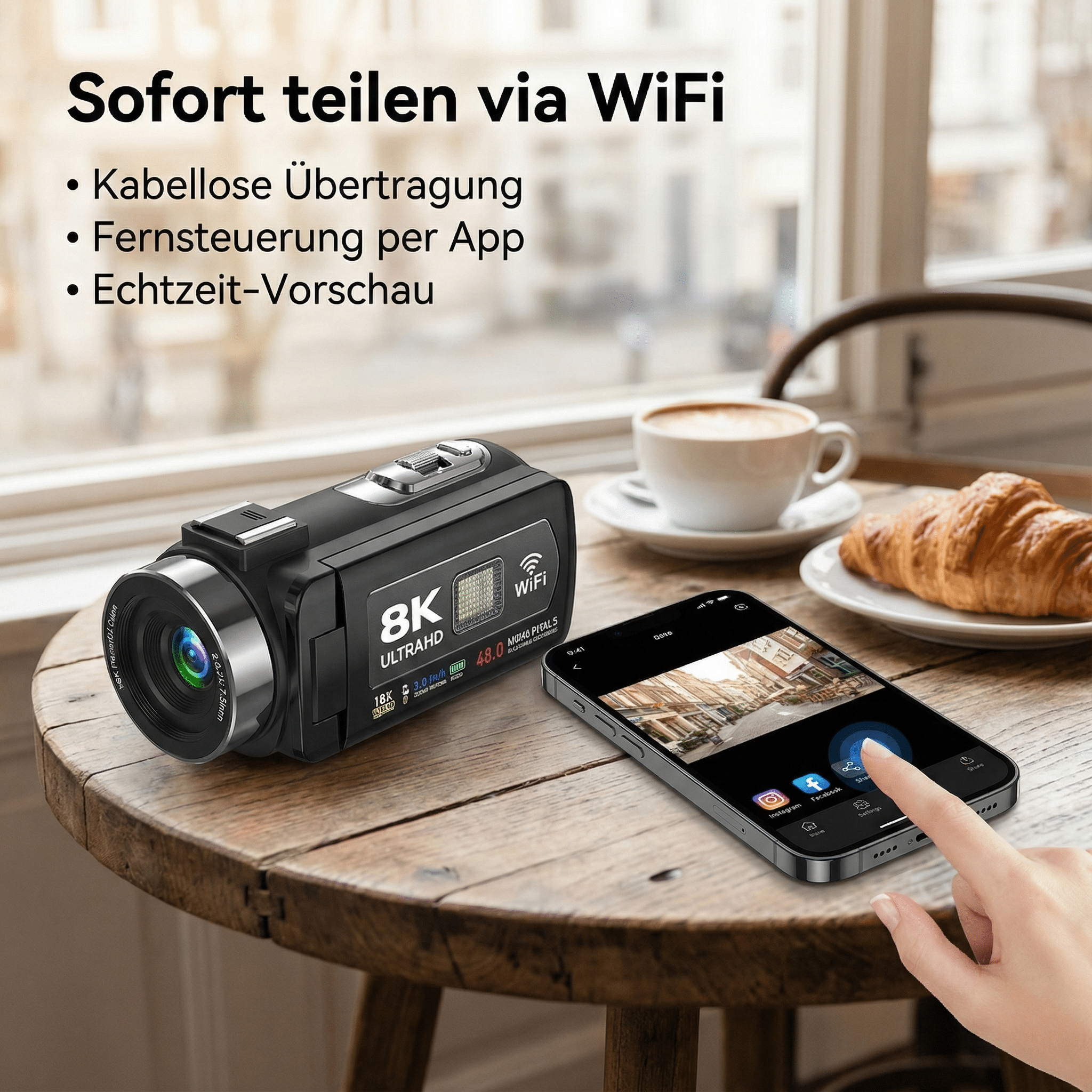 Kamera, Telefon, Kaffee und Croissant auf einem Tisch. Das Telefon zeigt ein Foto. Eine Hand berührt den Bildschirm.