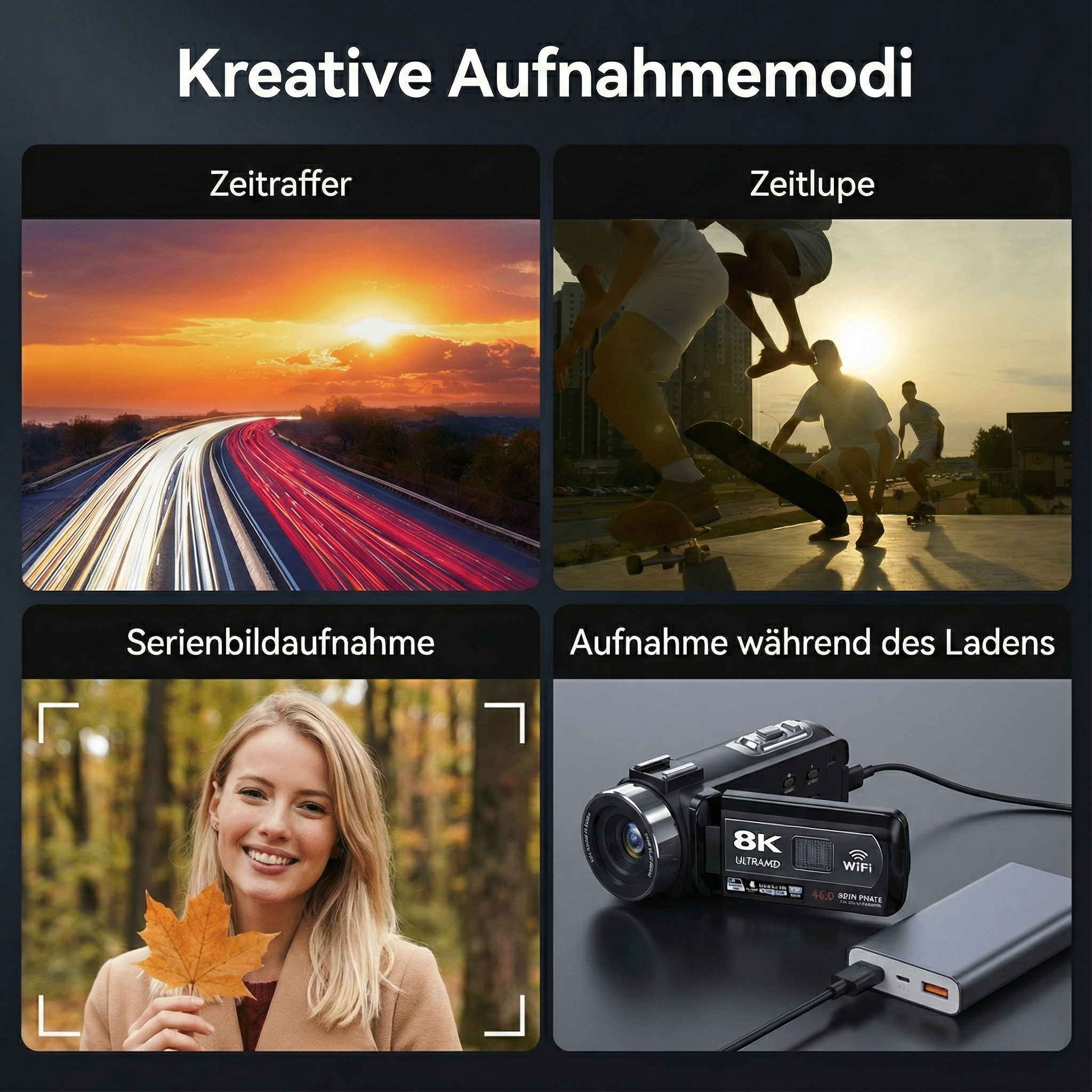 Das Bild zeigt kreative Aufnahmemodi: Zeitraffer, Zeitlupe, Serienaufnahme und Laden. Enthält eine Frau und eine Kamera.