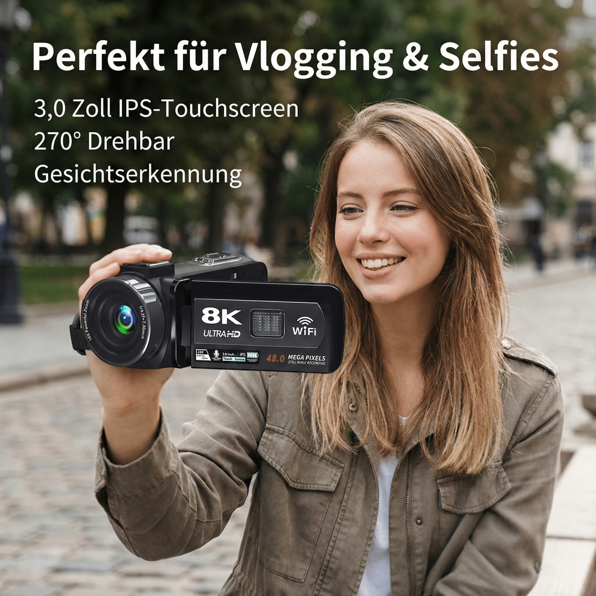 Eine Frau hält eine schwarze Videokamera. Text: Perfekt für Vlogging & Selfies. Eine 8K Ultra HD Kamera wird gezeigt.