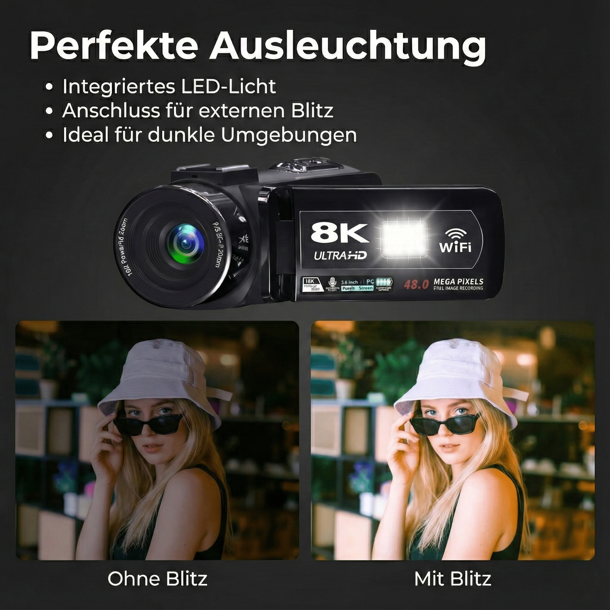 Kamera mit hellem Blitz und zwei Beispielbildern einer Frau, eines mit und eines ohne Blitz.