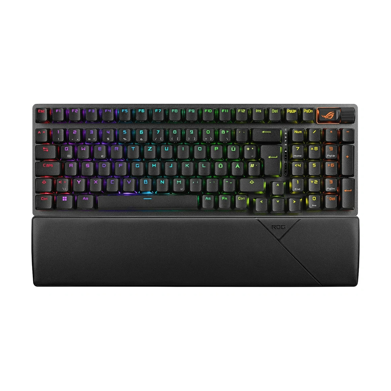Un teclado negro con teclas retroiluminadas multicolores y reposamuñecas con el logotipo ROG.