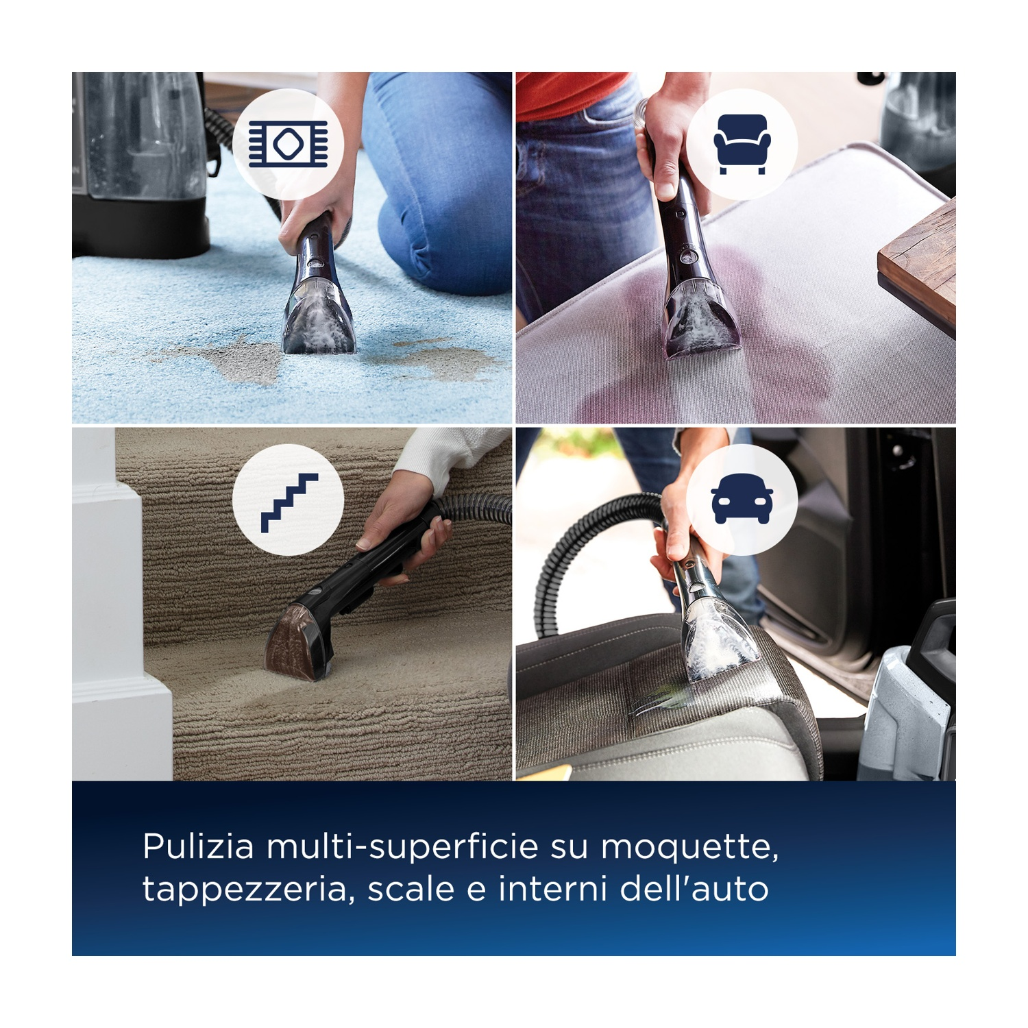 Una persona usa una herramienta de limpieza en alfombras, tapicería, escaleras y un asiento de coche. Limpieza en diferentes superficies.