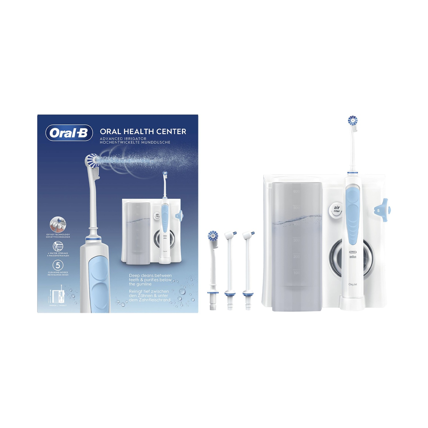 Ein Oral-B Oral Health Center. Es zeigt eine Munddusche, einen Wassertank und mehrere Flosserspitzen. Der Flosser ist weiß und blau.