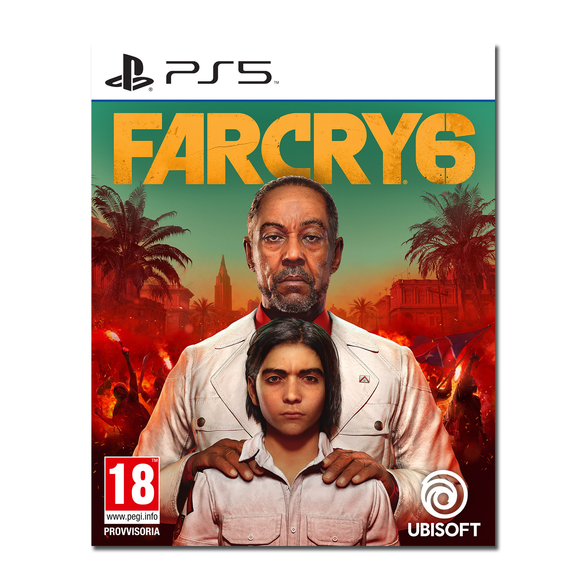 Copertina Far Cry 6: uomo e ragazzo, sfondo infuocato e palme. Logo PS5 in alto.