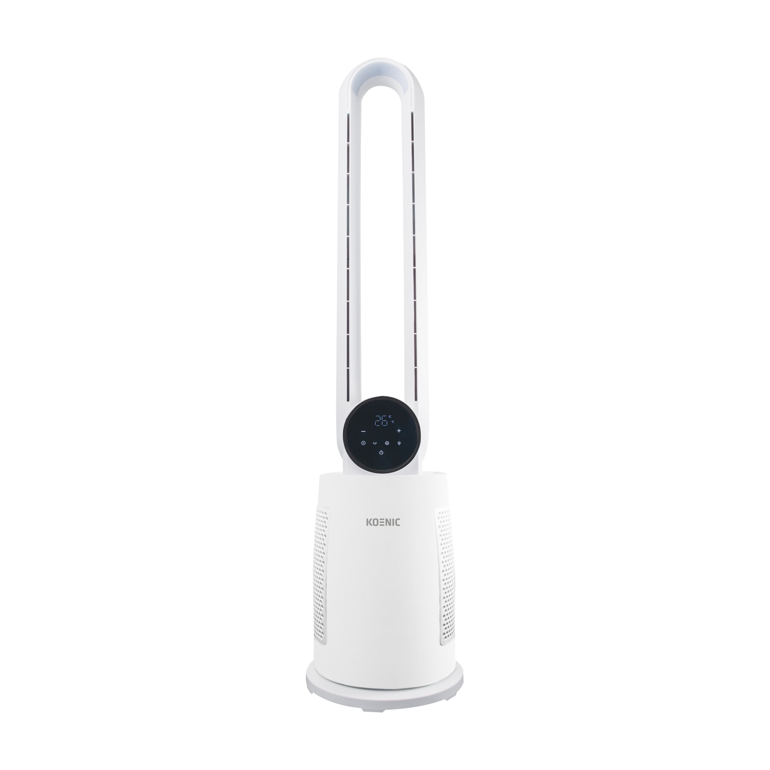 Ein weißer Koenic-Ventilator mit hohem, geschwungenem Design. Er hat eine Digitalanzeige mit 26 Grad. Der Sockel hat Belüftungsöffnungen.