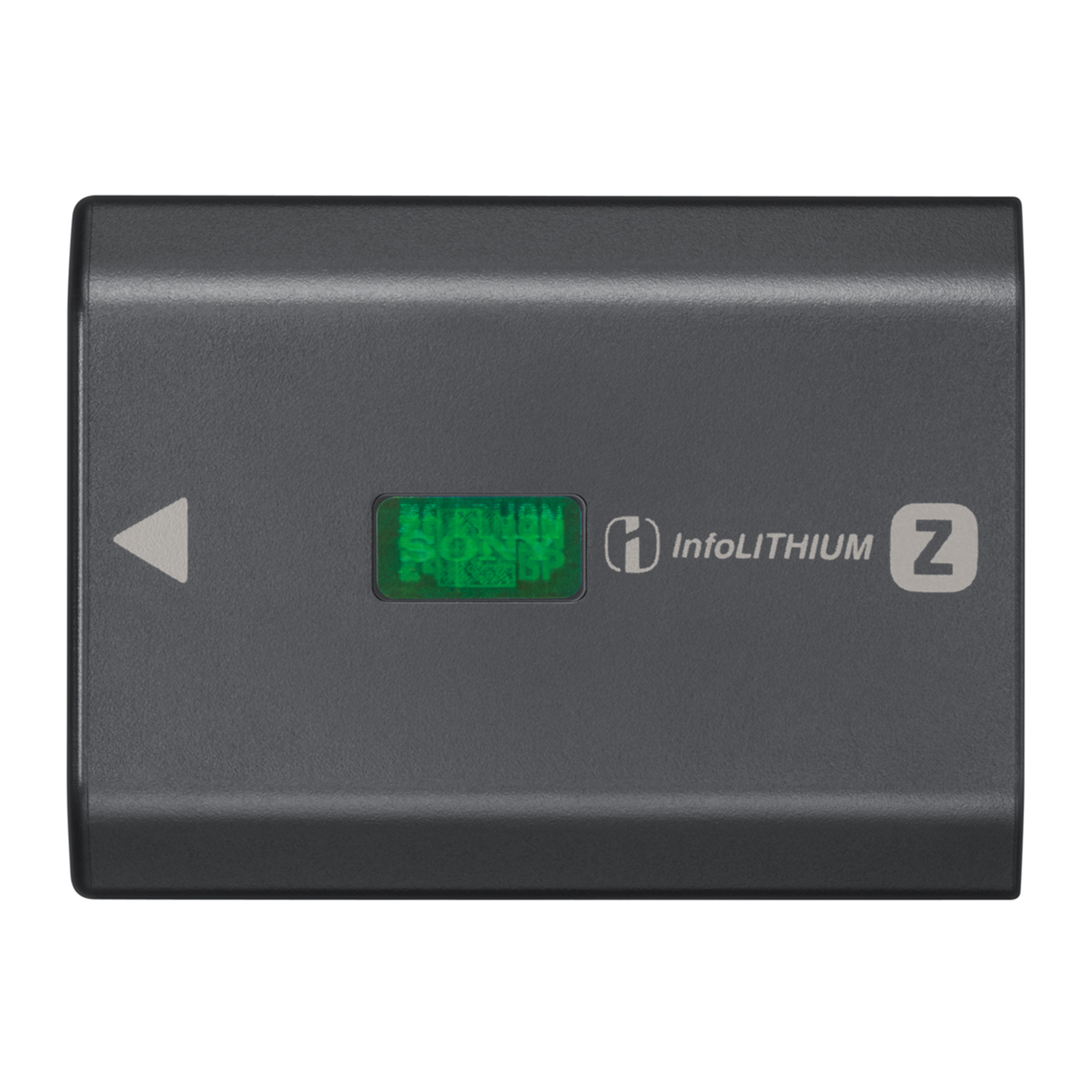 Una batteria rettangolare grigio scuro con triangolo bianco, testo verde e testo bianco 'InfoLITHIUM Z'.