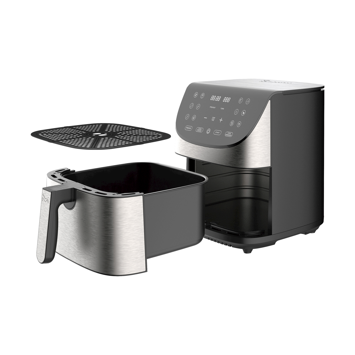 Una freidora de aire con su cesta y bandeja separadas. Tiene un cuerpo negro y detalles plateados, con un panel de control digital.