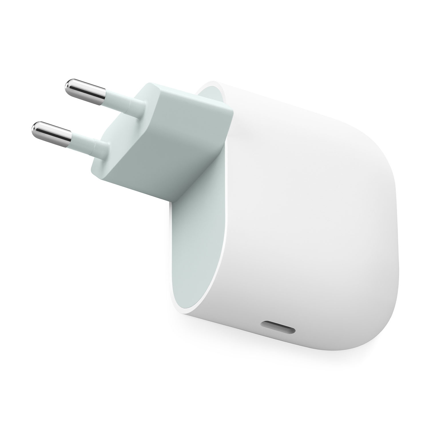 Biała europejska przejściówka z dwoma srebrnymi bolcami. Adapter jest biały z jasnoniebieskim wnętrzem i małą szczeliną.