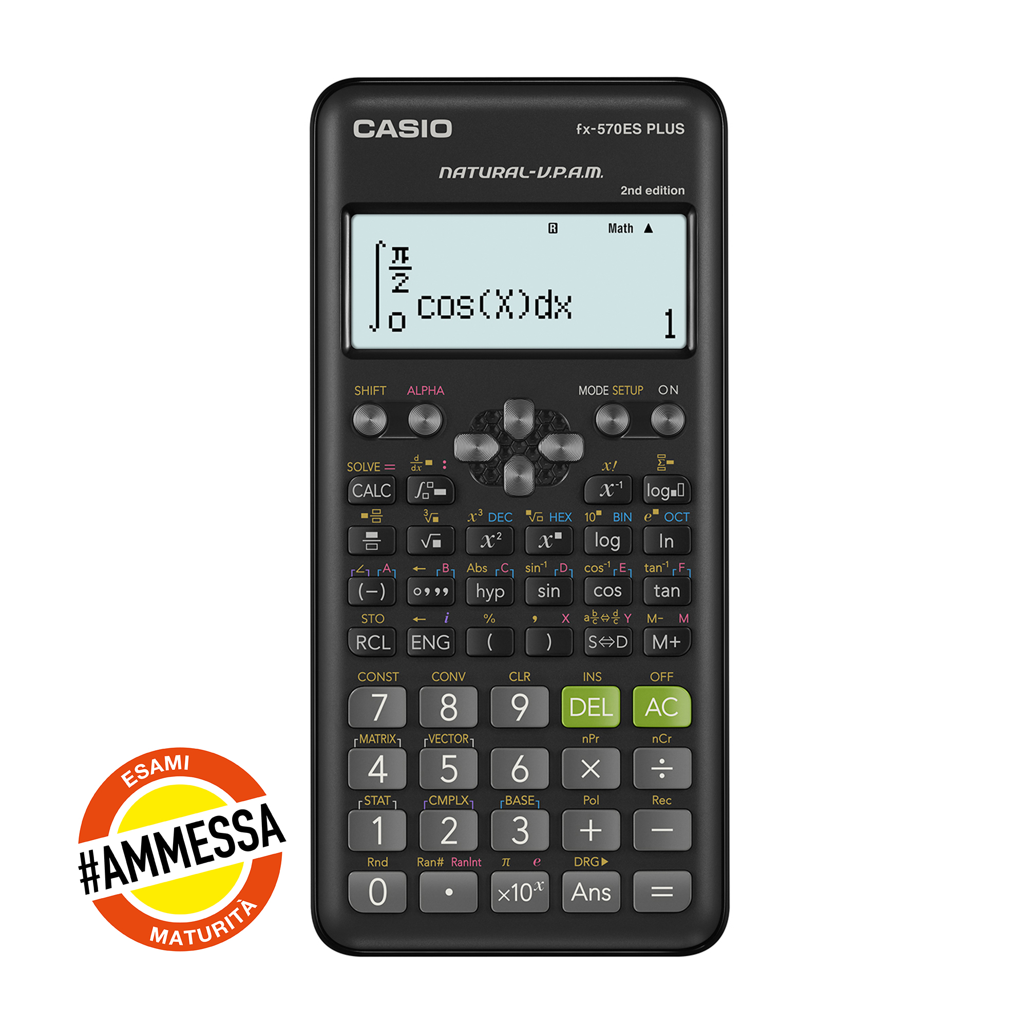 Una calcolatrice Casio fx-570ES PLUS mostra un integrale, con pulsanti sottostanti. Un adesivo arancione dice '#AMMESSA MATURITÀ'.