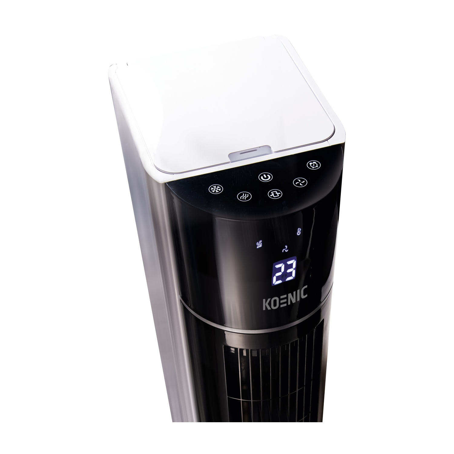 Ein Turmventilator mit weißer Oberseite und schwarzem Gehäuse. Er zeigt '23' und die Marke 'KOENIC'. Bedienknöpfe sind sichtbar.