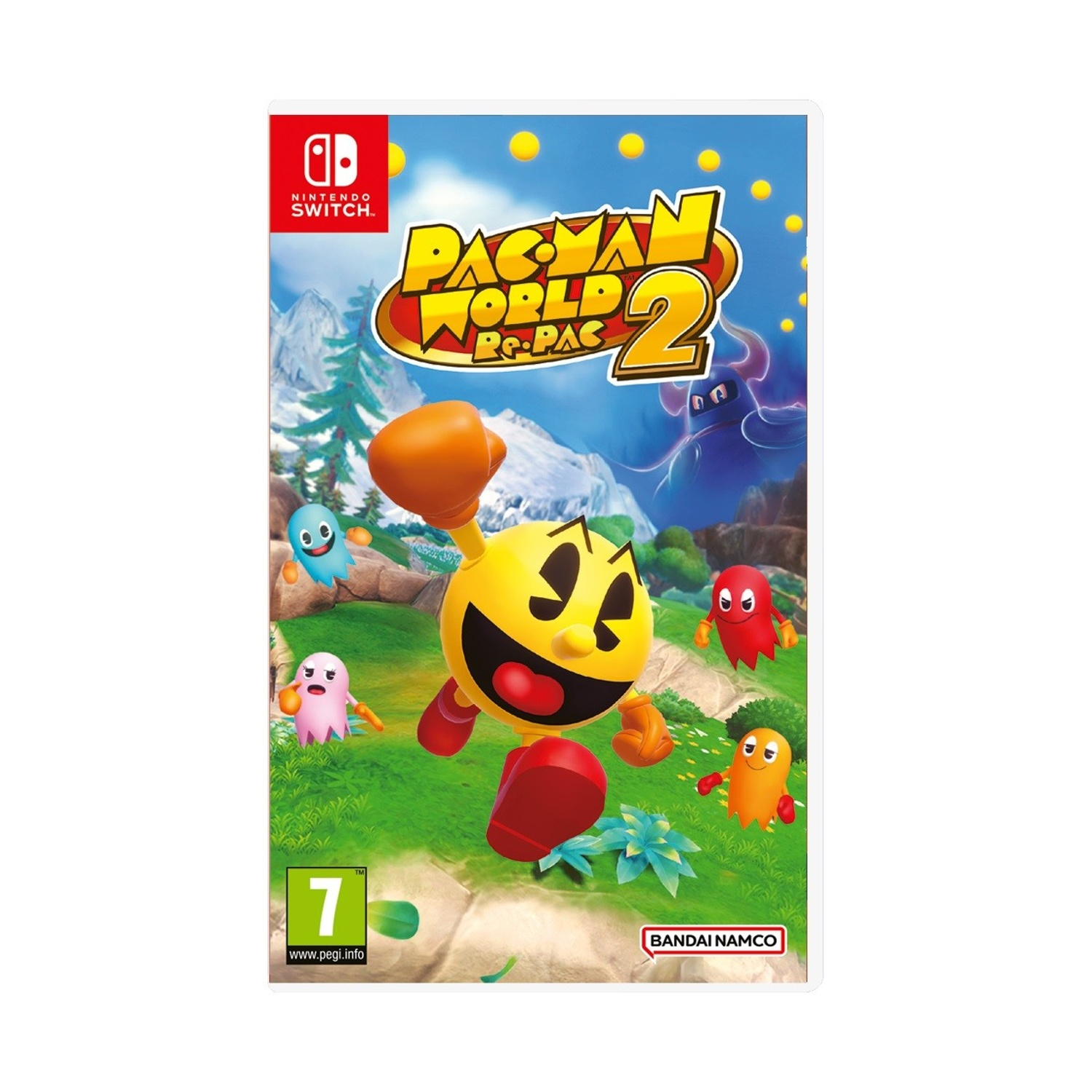 Okładka gry Pac-Man World Re-Pac 2. Żółty Pac-Man, duchy i tytuł gry. Logo Nintendo Switch na górze.