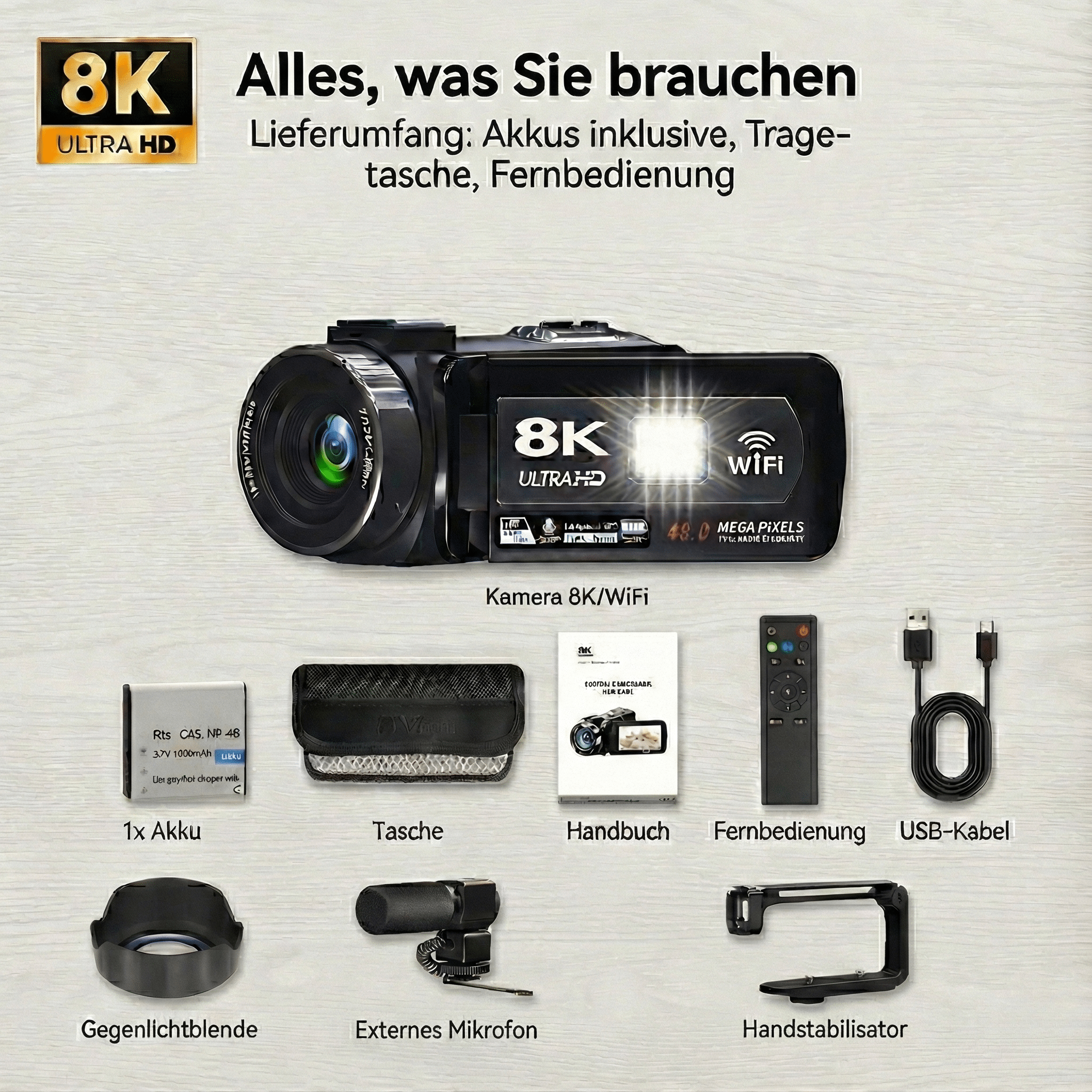 Eine 8K-Kamera mit Zubehör, darunter Akku, Tasche, Fernbedienung und weitere Komponenten auf hellem Holz.