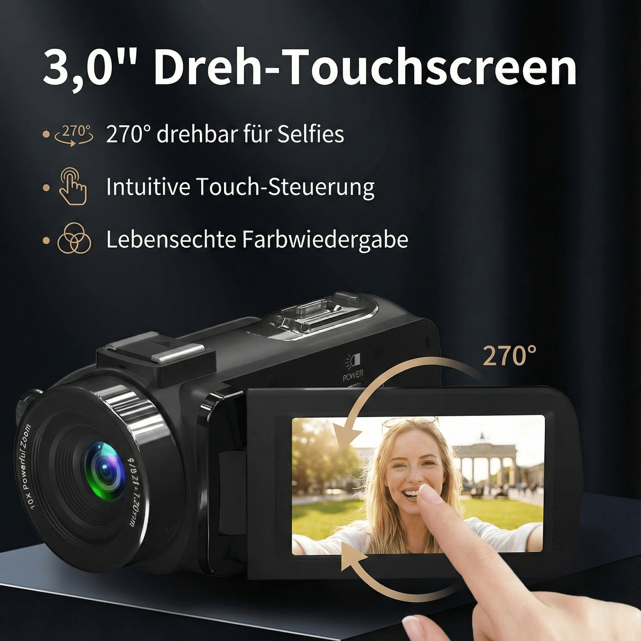 Eine schwarze Videokamera mit Bildschirm, auf dem eine Frau ein Selfie macht. Der Bildschirm dreht sich um 270 Grad.