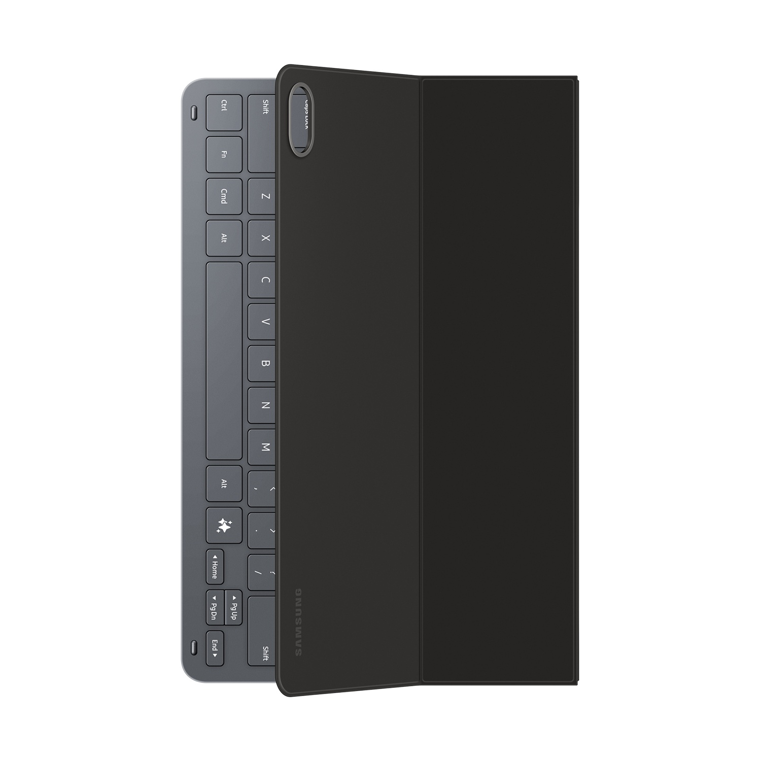 Custodia per tastiera per tablet, tastiera grigia a sinistra, copertura nera a destra, logo SAMSUNG visibile. Sfondo bianco.