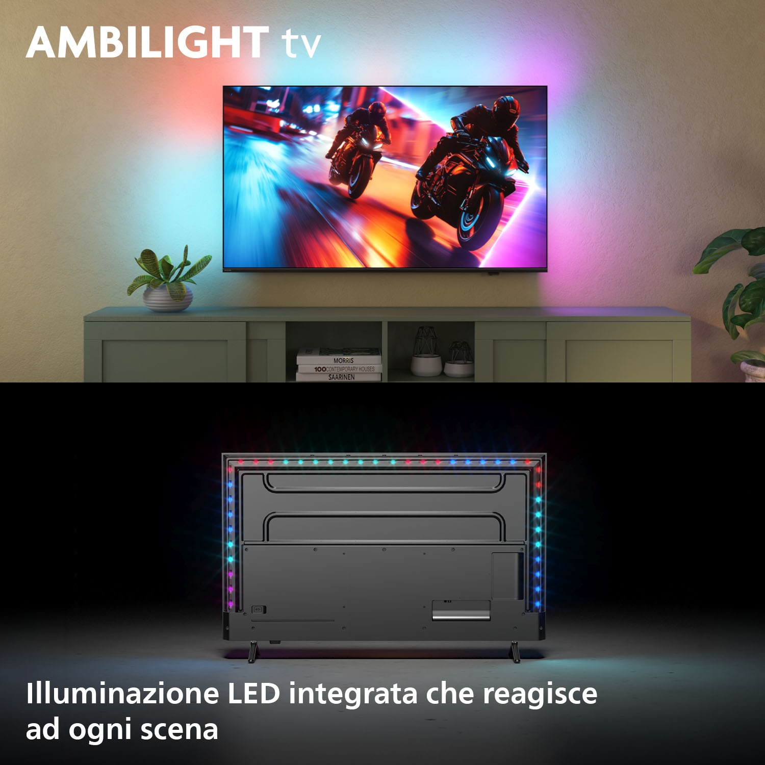 Telewizor wyświetla wyścig motocyklowy. Telewizor ma diody LED wokół ramy. Telewizor stoi na zielonej szafce.